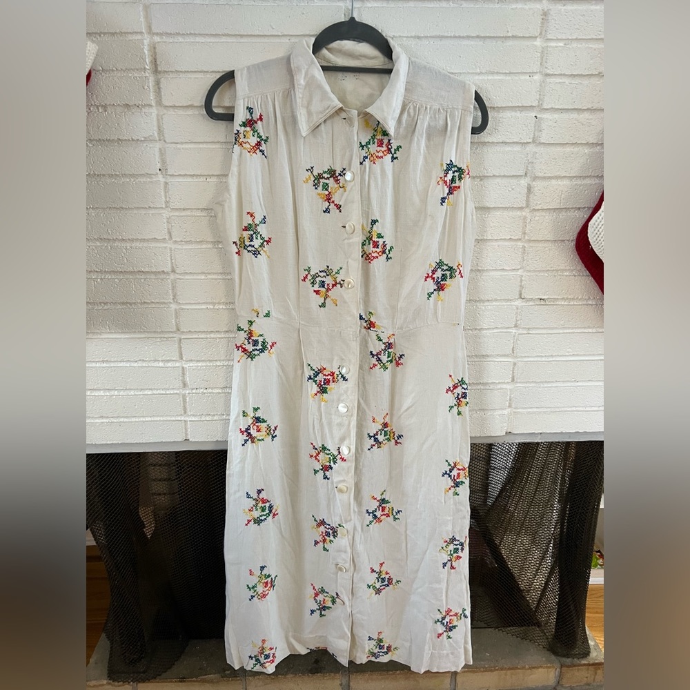 Linen Embroidered Midi Dress